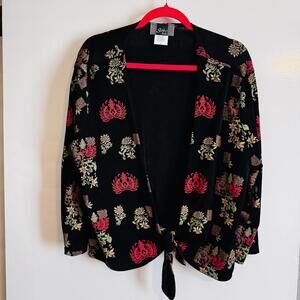 Slinky Brand Black Floral Patterned Long Sleeve Top with Front Tie Size Large